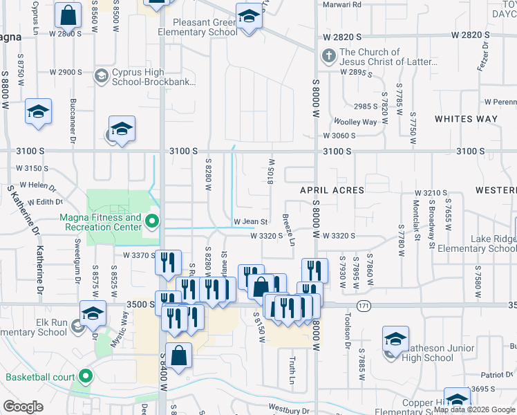 map of restaurants, bars, coffee shops, grocery stores, and more near 8135 West Meadow Vista Court in Magna