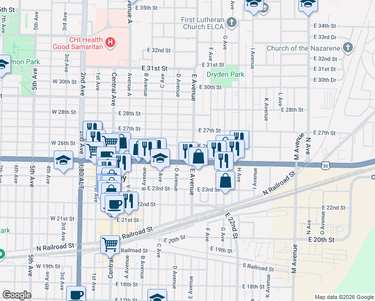 map of restaurants, bars, coffee shops, grocery stores, and more near 2626-2650 E Avenue in Kearney