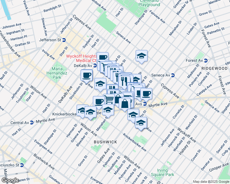 map of restaurants, bars, coffee shops, grocery stores, and more near 337 Bleecker Street in Brooklyn