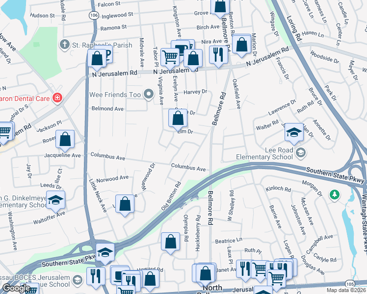 map of restaurants, bars, coffee shops, grocery stores, and more near 854 Beckman Drive in North Bellmore
