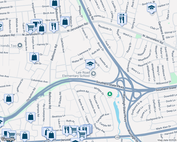 map of restaurants, bars, coffee shops, grocery stores, and more near 965 Brent Drive in Wantagh
