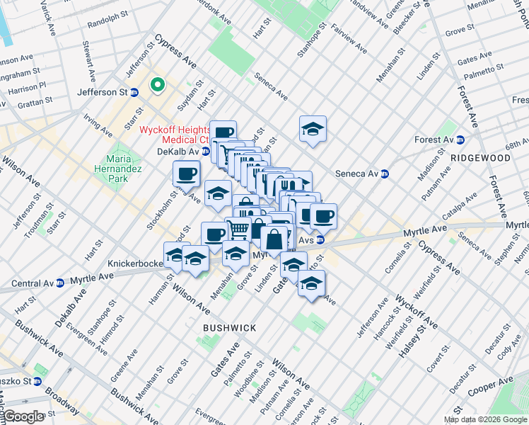 map of restaurants, bars, coffee shops, grocery stores, and more near 350 Bleecker Street in Brooklyn