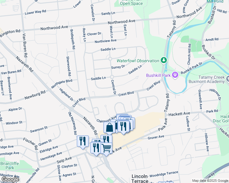 map of restaurants, bars, coffee shops, grocery stores, and more near 9 Central Drive in Easton