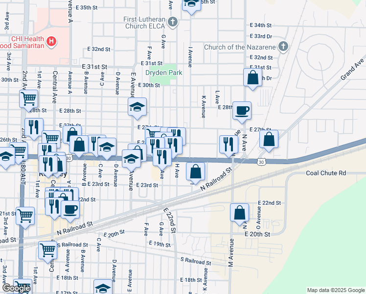 map of restaurants, bars, coffee shops, grocery stores, and more near 2600-2648 Ave I in Kearney
