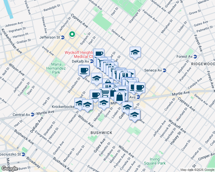 map of restaurants, bars, coffee shops, grocery stores, and more near 1438 Greene Avenue in Brooklyn