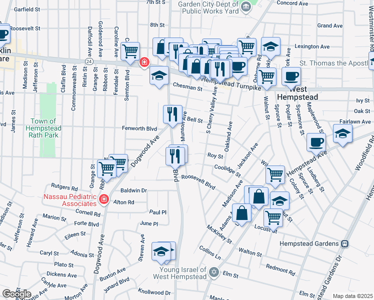 map of restaurants, bars, coffee shops, grocery stores, and more near 490 Roy Street in West Hempstead