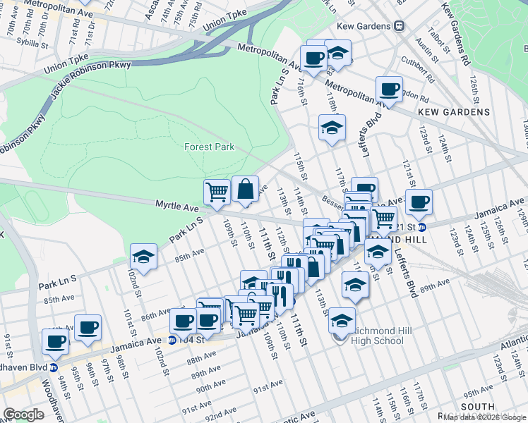 map of restaurants, bars, coffee shops, grocery stores, and more near in Queens