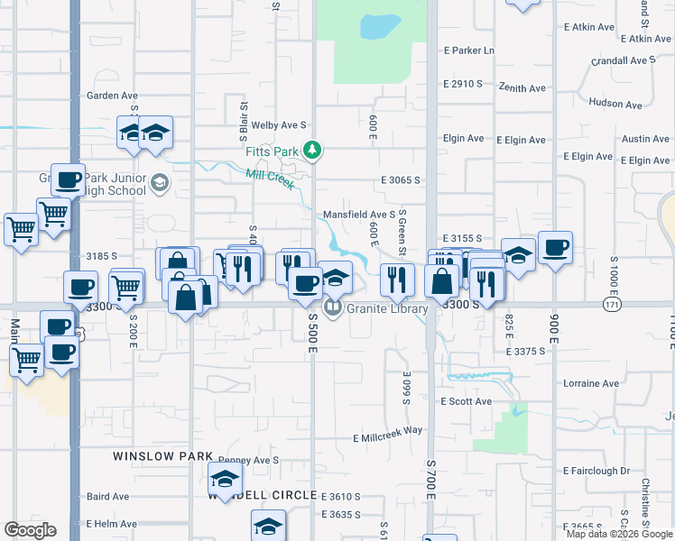 map of restaurants, bars, coffee shops, grocery stores, and more near 3208 South 540 East in Salt Lake City