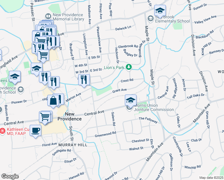 map of restaurants, bars, coffee shops, grocery stores, and more near 66 Grant Avenue in New Providence