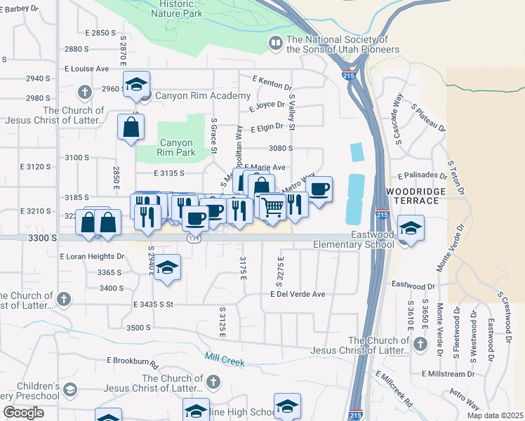 map of restaurants, bars, coffee shops, grocery stores, and more near 3223 East 3300 South in Salt Lake City