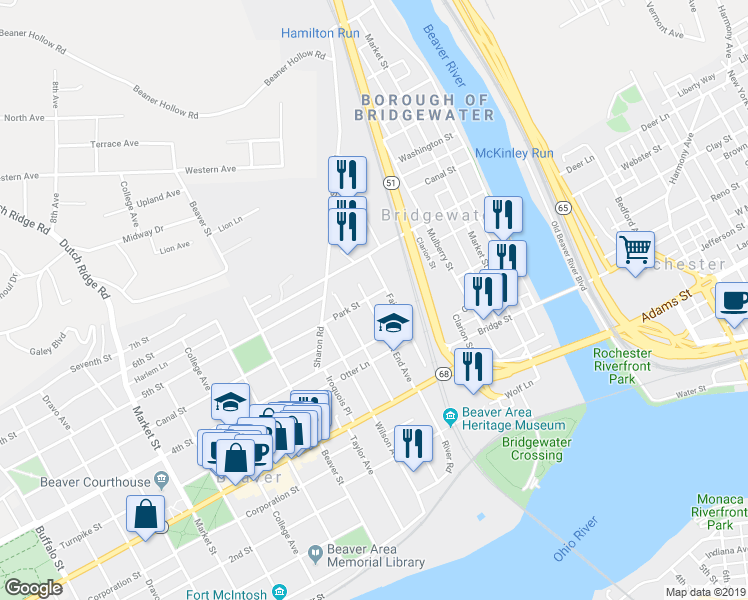 map of restaurants, bars, coffee shops, grocery stores, and more near 460 East End Avenue in Beaver