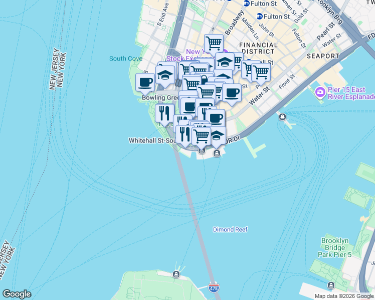 map of restaurants, bars, coffee shops, grocery stores, and more near 1 Battery Place in New York