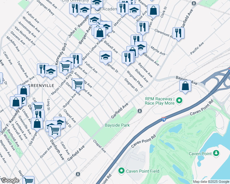 map of restaurants, bars, coffee shops, grocery stores, and more near 49A Fulton Avenue in Jersey City