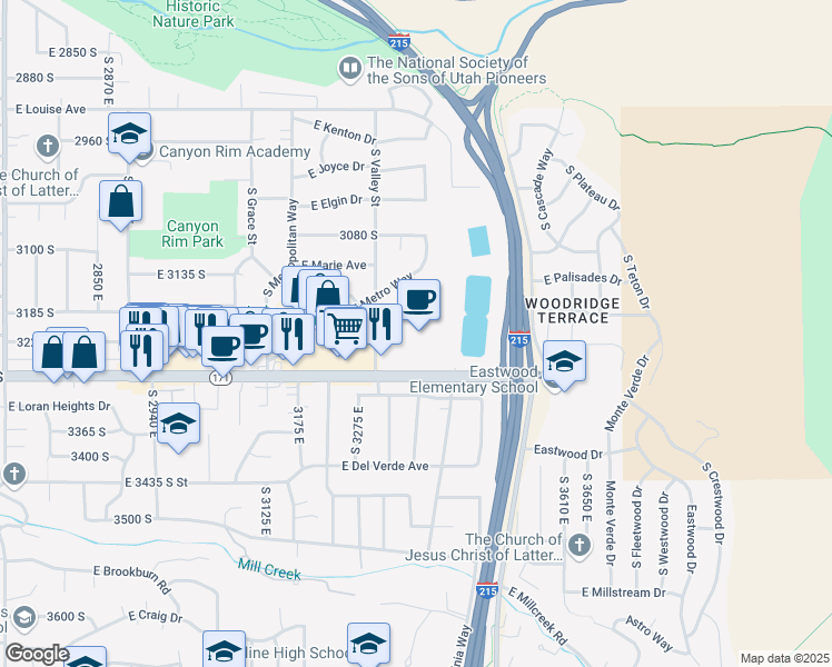map of restaurants, bars, coffee shops, grocery stores, and more near 3215 S 3300 E in Salt Lake City