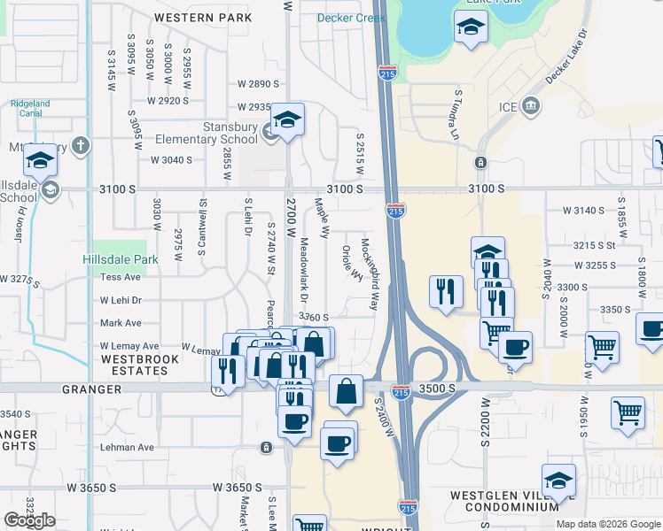 map of restaurants, bars, coffee shops, grocery stores, and more near 3254 Oriole Way in West Valley City