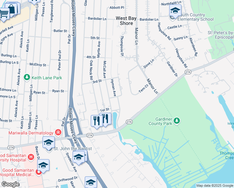 map of restaurants, bars, coffee shops, grocery stores, and more near 149 2nd Street in West Islip