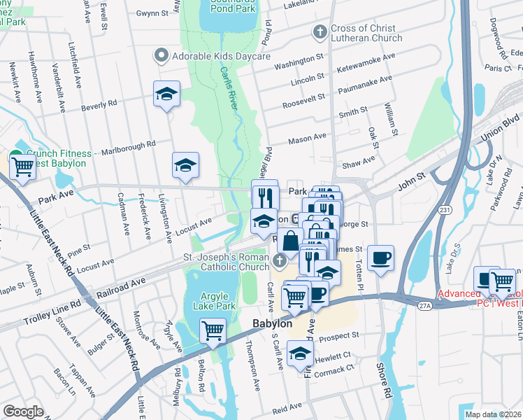 map of restaurants, bars, coffee shops, grocery stores, and more near 136 North Carll Avenue in Babylon