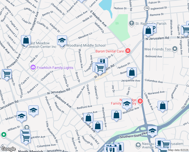 map of restaurants, bars, coffee shops, grocery stores, and more near 2001 North Jerusalem Road in East Meadow