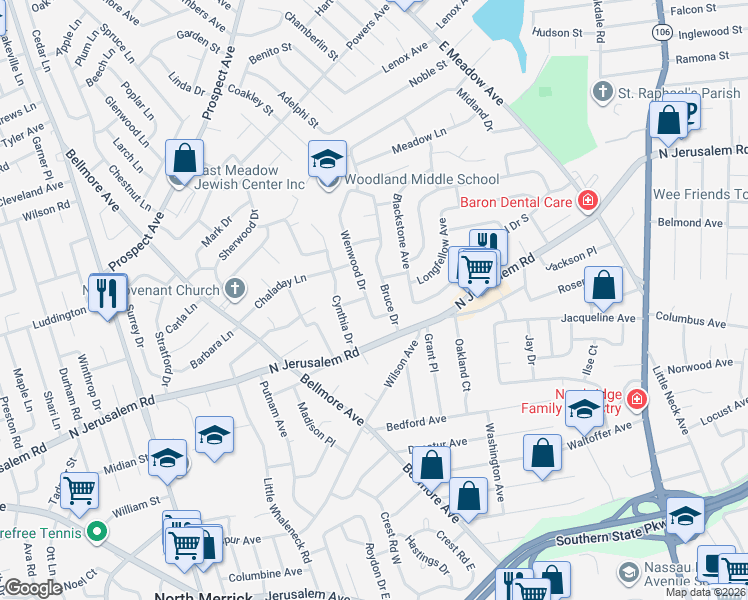 map of restaurants, bars, coffee shops, grocery stores, and more near 823 Bruce Drive in East Meadow