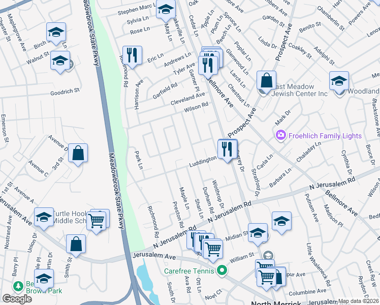 map of restaurants, bars, coffee shops, grocery stores, and more near 790 Durham Road in East Meadow
