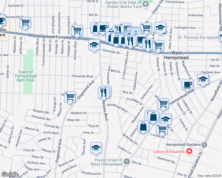 map of restaurants, bars, coffee shops, grocery stores, and more near 490 Roy Street in West Hempstead