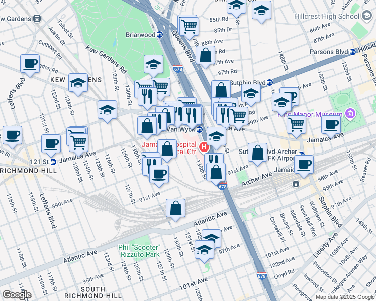 map of restaurants, bars, coffee shops, grocery stores, and more near 134-01 89th Avenue in Queens