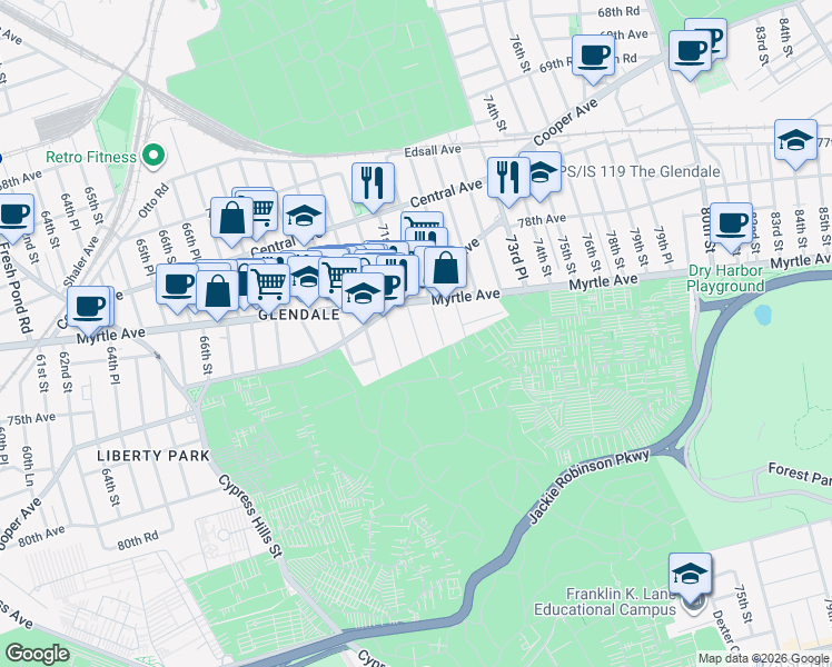 map of restaurants, bars, coffee shops, grocery stores, and more near 73-35 71st Street in Queens