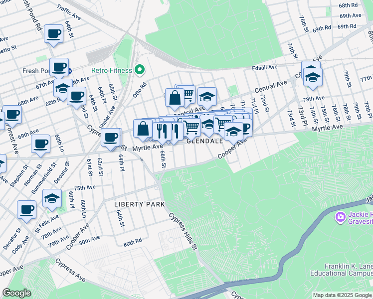 map of restaurants, bars, coffee shops, grocery stores, and more near 72-18 67th Place in Queens