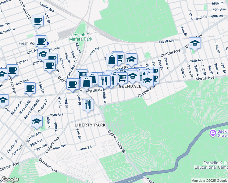 map of restaurants, bars, coffee shops, grocery stores, and more near 72-12 66th Place in Queens