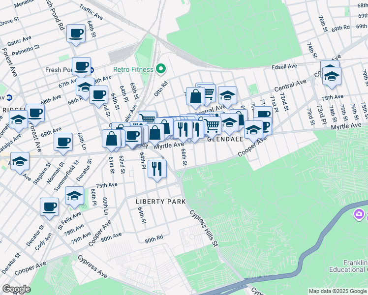 map of restaurants, bars, coffee shops, grocery stores, and more near 65-58 Myrtle Avenue in Queens