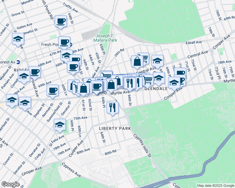 map of restaurants, bars, coffee shops, grocery stores, and more near 65-8 Myrtle Avenue in Queens