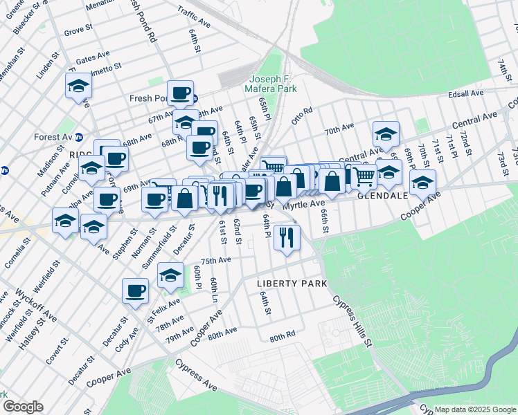 map of restaurants, bars, coffee shops, grocery stores, and more near 64 Myrtle Avenue in Queens