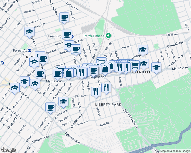 map of restaurants, bars, coffee shops, grocery stores, and more near 64 Myrtle Avenue in Queens
