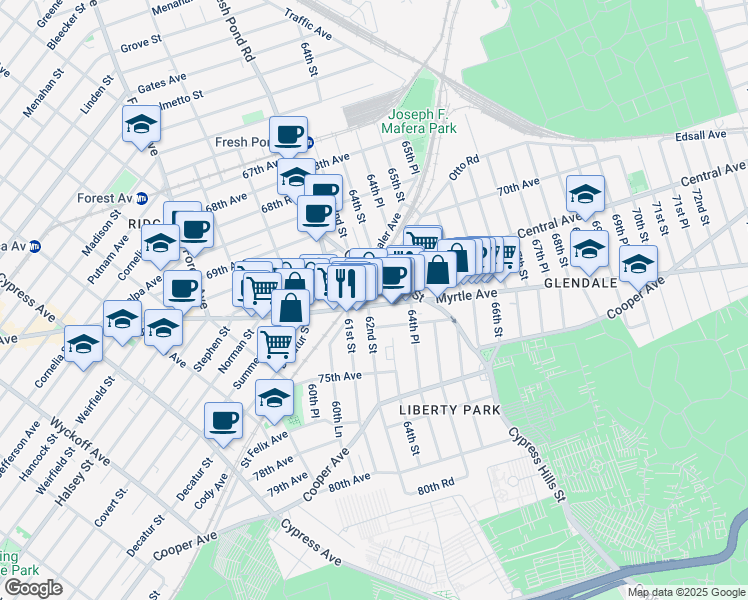 map of restaurants, bars, coffee shops, grocery stores, and more near 6207 Myrtle Avenue in Queens
