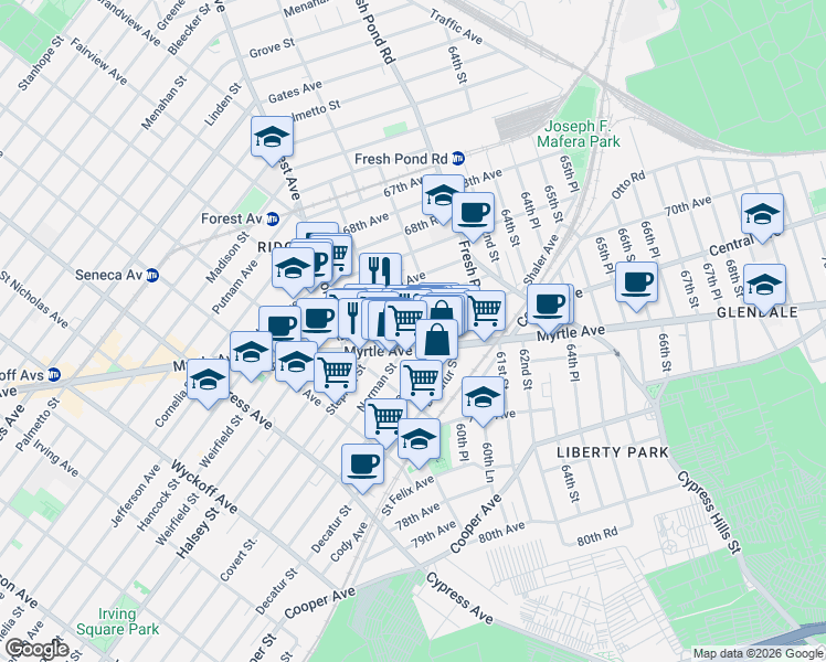 map of restaurants, bars, coffee shops, grocery stores, and more near 60-26 71st Avenue in Queens