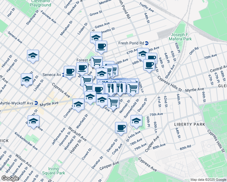 map of restaurants, bars, coffee shops, grocery stores, and more near 58-2 Myrtle Avenue in Queens
