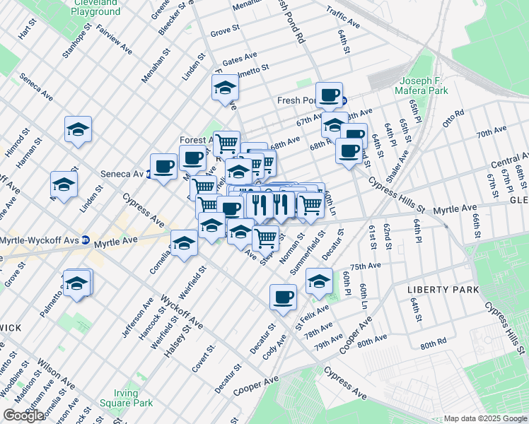 map of restaurants, bars, coffee shops, grocery stores, and more near 58-2 Myrtle Avenue in Queens