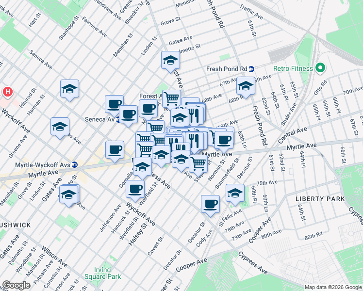 map of restaurants, bars, coffee shops, grocery stores, and more near 927 Onderdonk Avenue in Queens