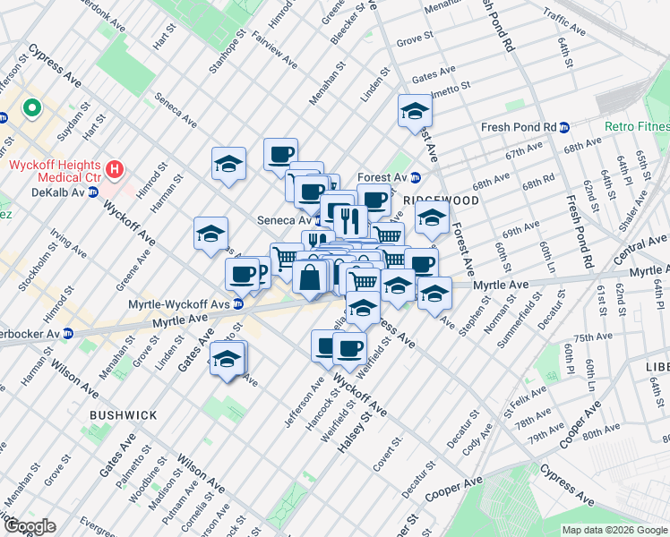 map of restaurants, bars, coffee shops, grocery stores, and more near in Queens