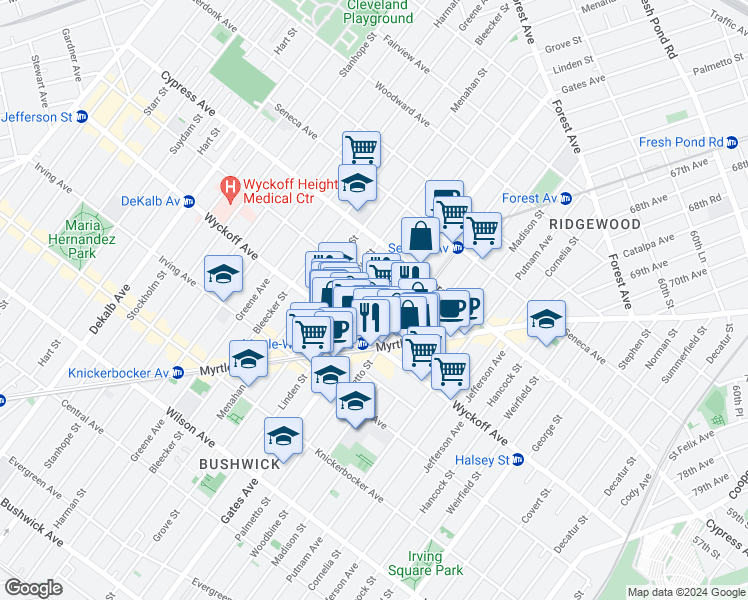 map of restaurants, bars, coffee shops, grocery stores, and more near 310 Saint Nicholas Avenue in Brooklyn