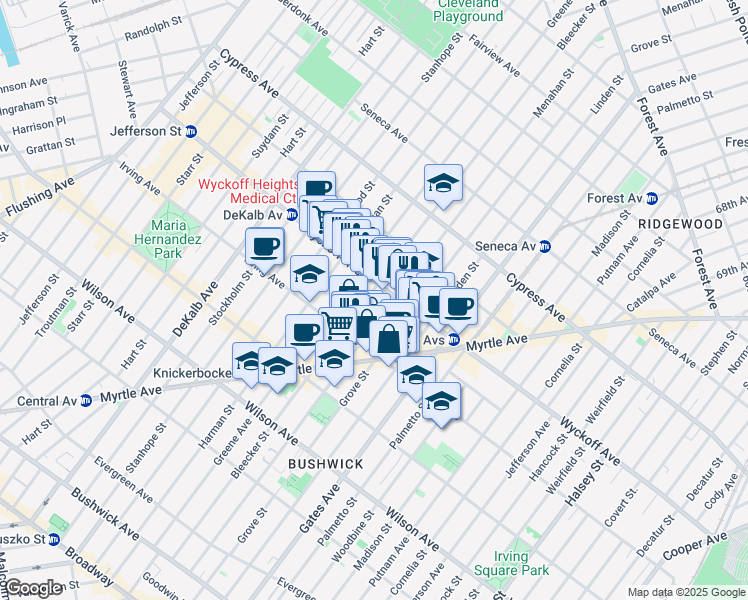 map of restaurants, bars, coffee shops, grocery stores, and more near 337 Bleecker Street in Brooklyn