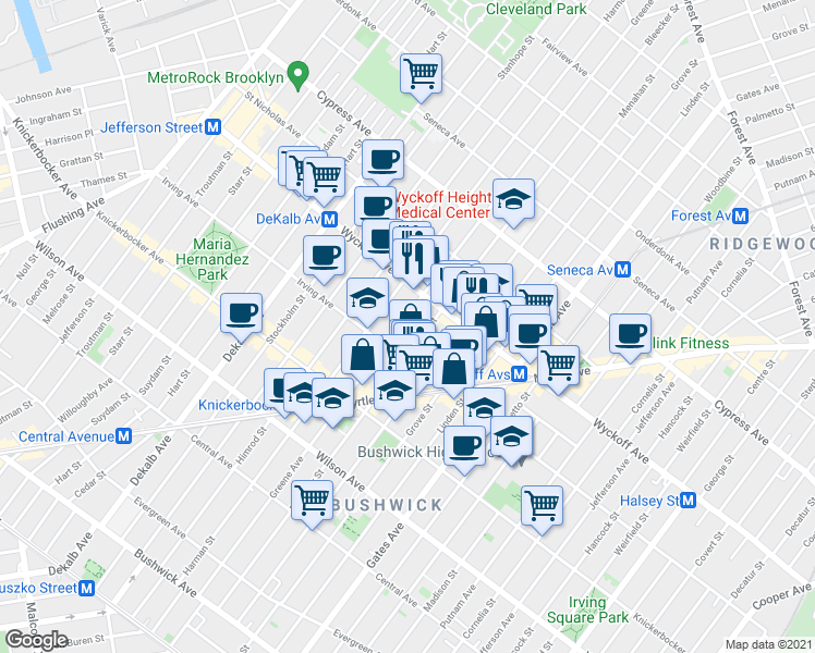 map of restaurants, bars, coffee shops, grocery stores, and more near 337 Bleecker Street in Brooklyn