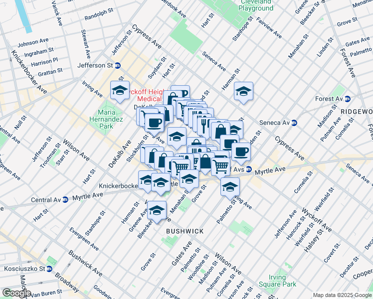 map of restaurants, bars, coffee shops, grocery stores, and more near 1395 Greene Avenue in Brooklyn