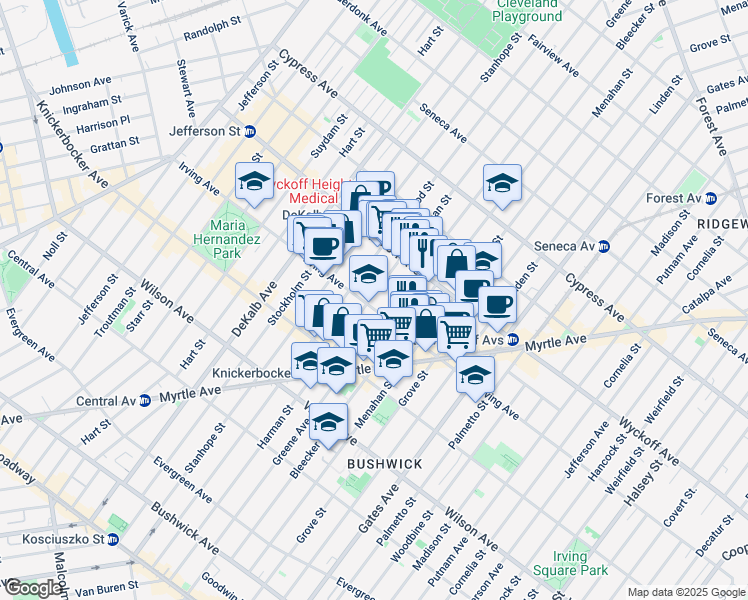 map of restaurants, bars, coffee shops, grocery stores, and more near 1395 Greene Avenue in Brooklyn