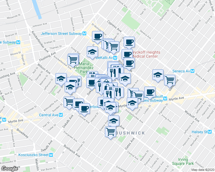 map of restaurants, bars, coffee shops, grocery stores, and more near 234B Stanhope Street in Brooklyn