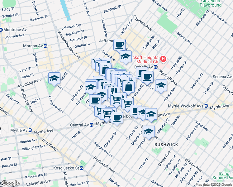 map of restaurants, bars, coffee shops, grocery stores, and more near 228 Suydam Street in Brooklyn