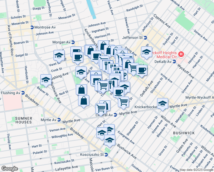 map of restaurants, bars, coffee shops, grocery stores, and more near 174 Jefferson Street in Brooklyn