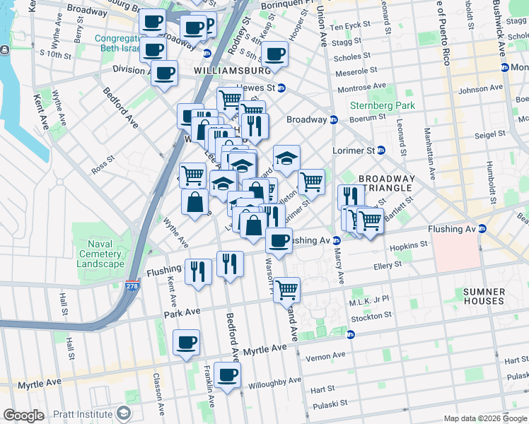 map of restaurants, bars, coffee shops, grocery stores, and more near 239 Lee Avenue in Brooklyn