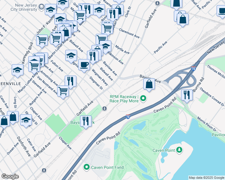 map of restaurants, bars, coffee shops, grocery stores, and more near in Jersey City