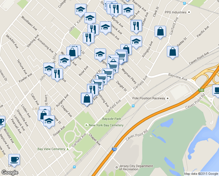 map of restaurants, bars, coffee shops, grocery stores, and more near in Jersey City